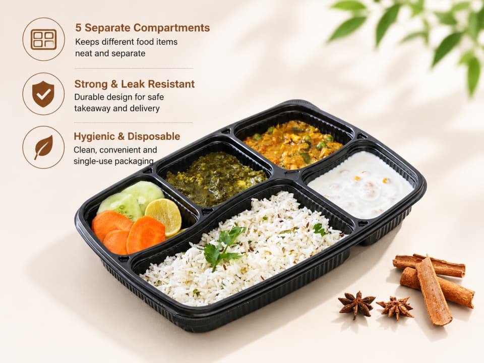 5 Compartments Meal Tray with lid - 5CP Food Packing Mahaveer 2