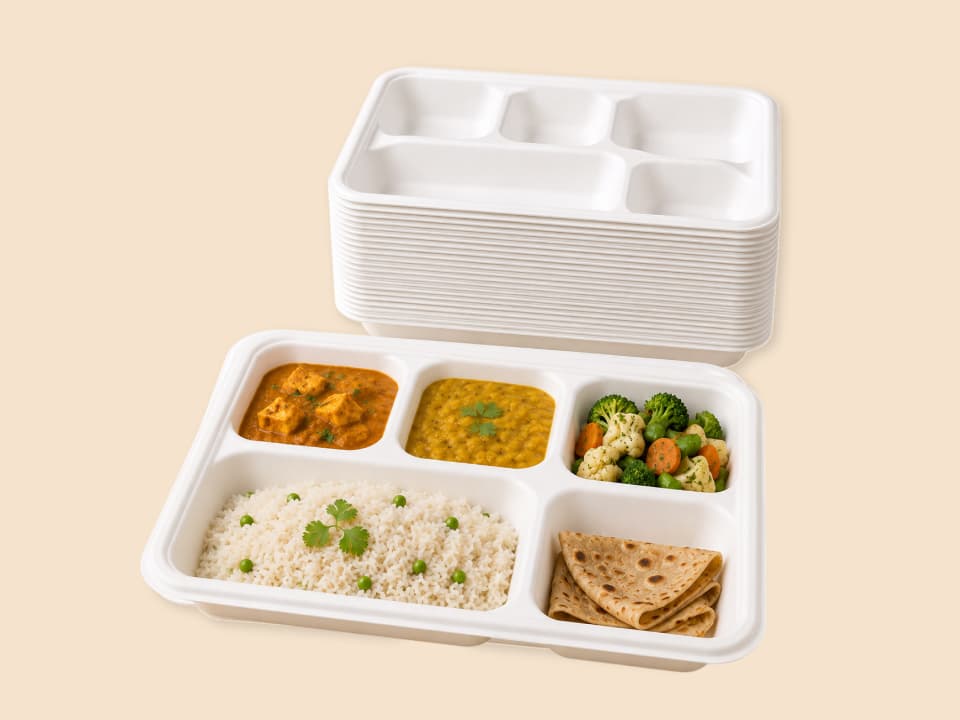 5 Compartments Rectangular Bagasse Plates | Biodegradable Plates 2