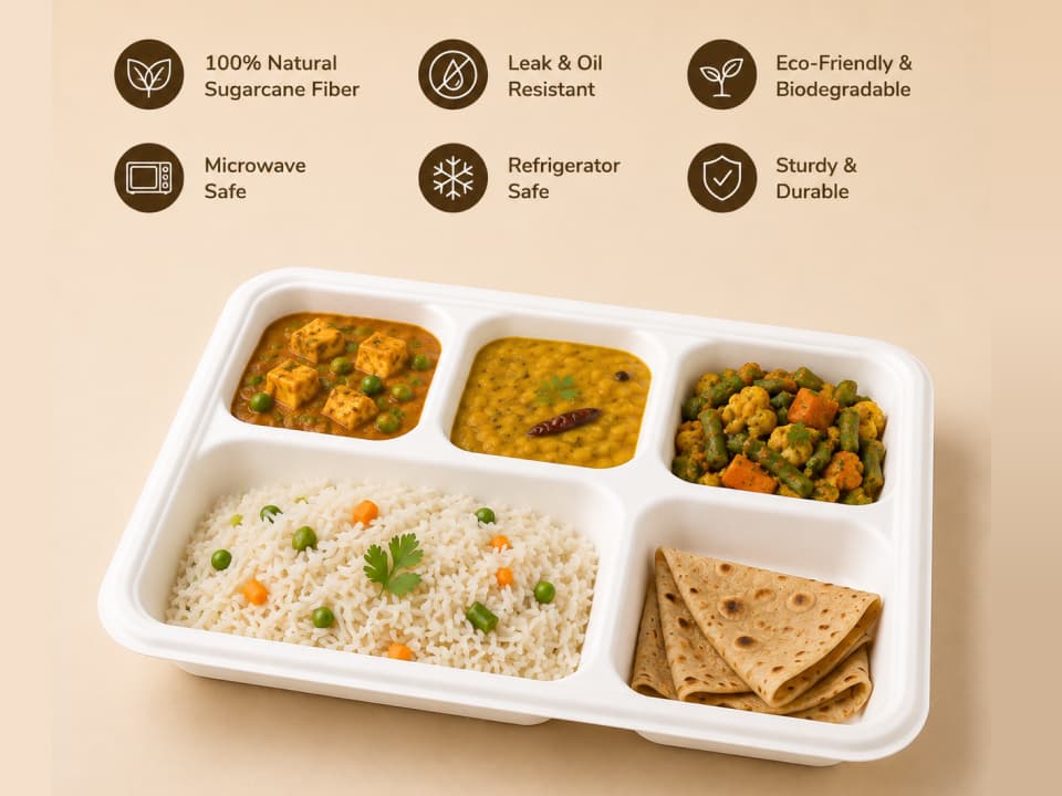 5 Compartments Rectangular Bagasse Plates | Biodegradable Plates 3